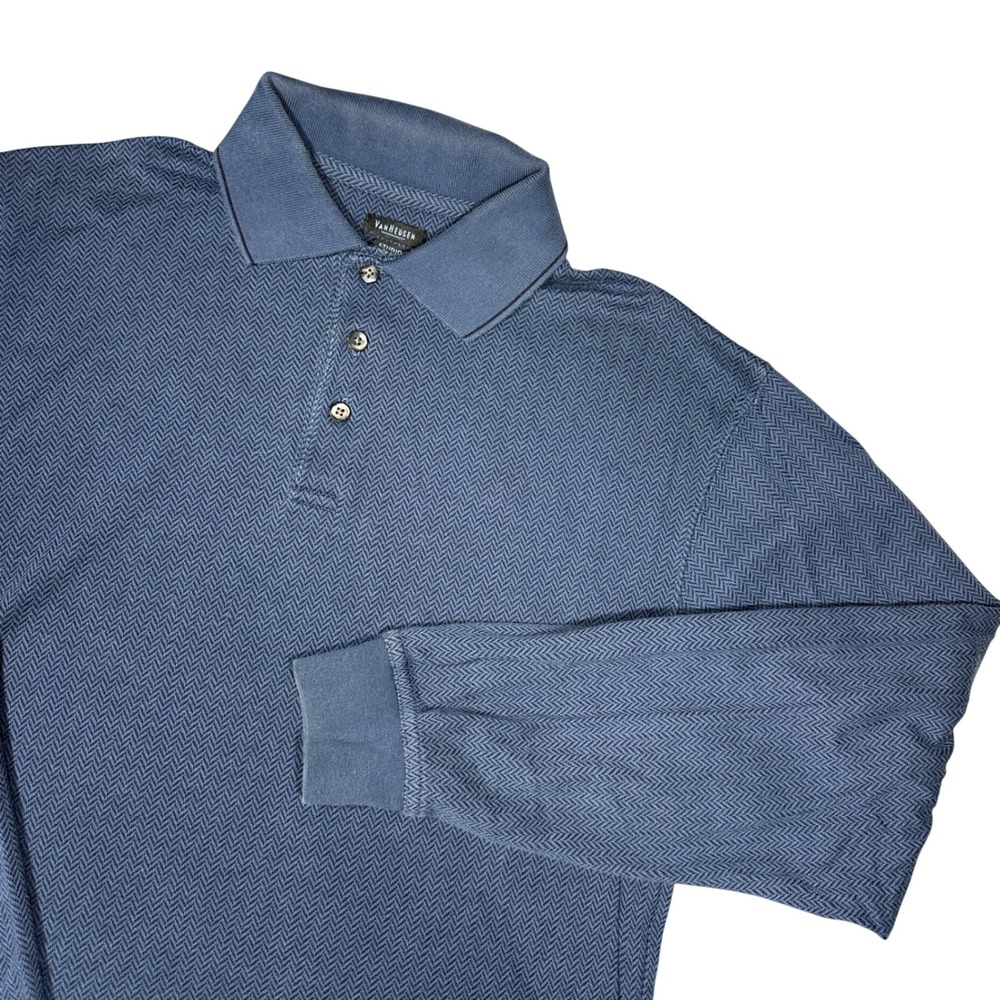 Van Heusen Studio Mens Blue Herringbone Long Sleeve Polo Shirt S Cotton Blend